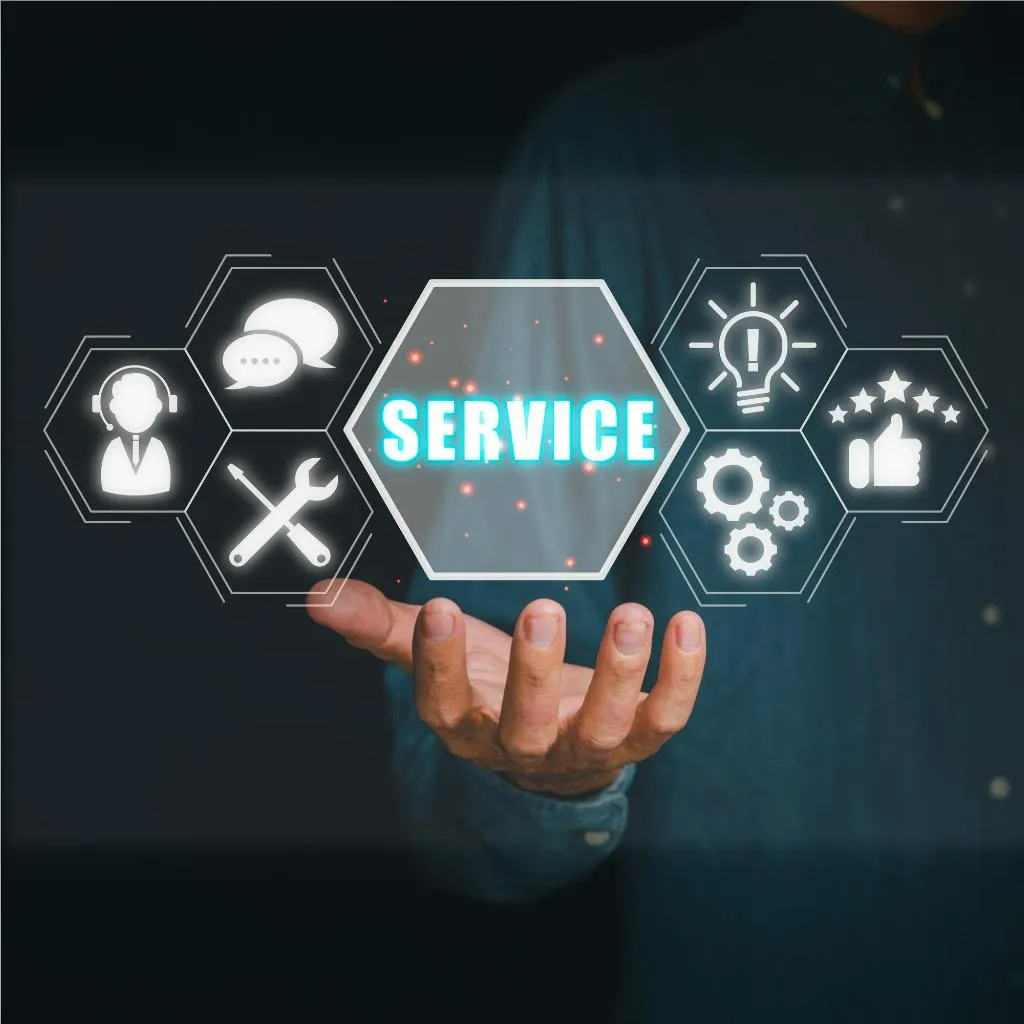 Hand presenting digital service icons, including support, tools, communication, innovation, and customer satisfaction.
