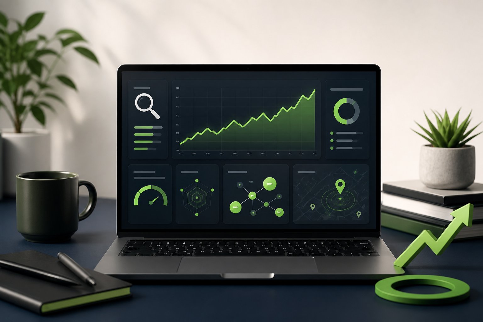 Laptop displaying an SEO growth, technical health and local visibility dashboard